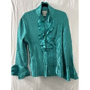 Toffee Apple Green Satiny Crinkle Bell Sleeve Stretch Button‎ Down Top Sz XL